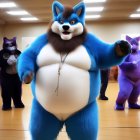 Large Blue Bear Mascot in Playful Indoor Setting