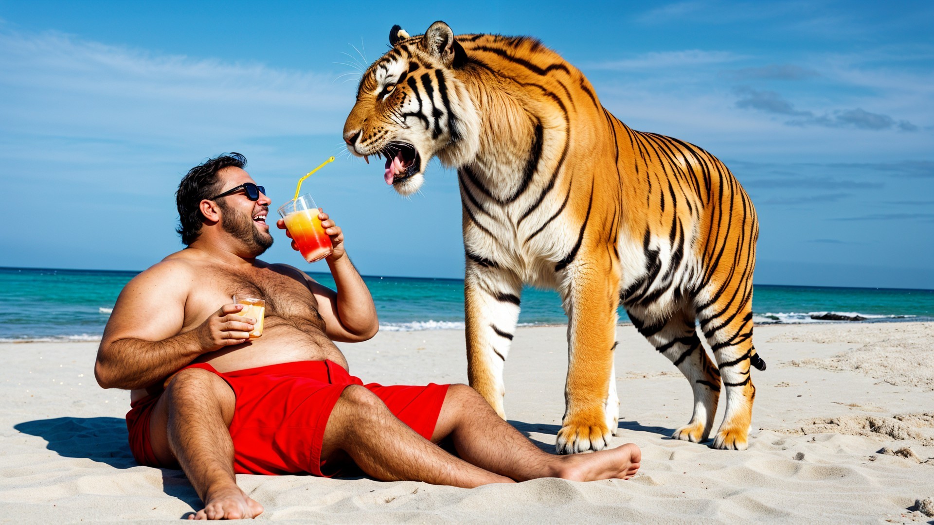 Man on Beach with Tiger and Colorful Drinks