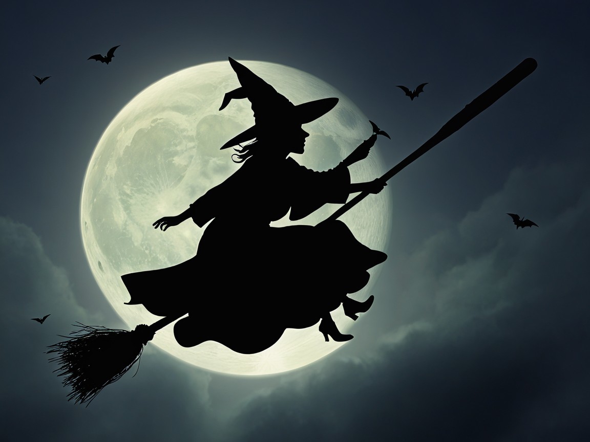 Witch Flying on Broomstick Against Full Moon Silhouette