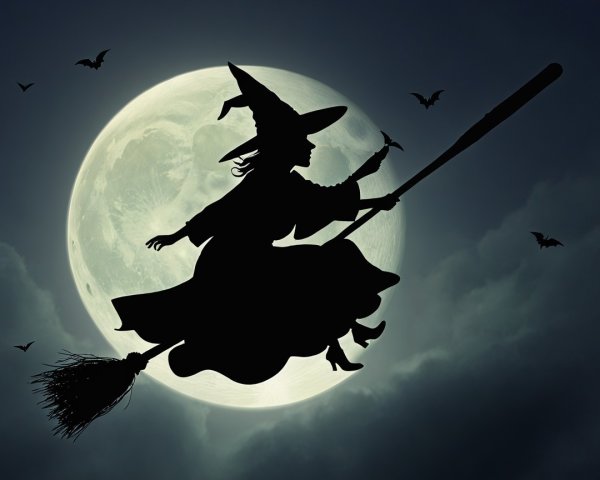 Witch Flying on Broomstick Against Full Moon Silhouette