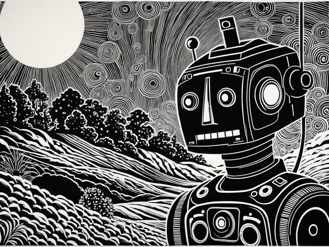 Black-and-White Robot in Whimsical Landscape Art