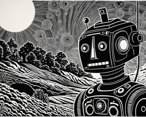 Black-and-White Robot in Whimsical Landscape Art