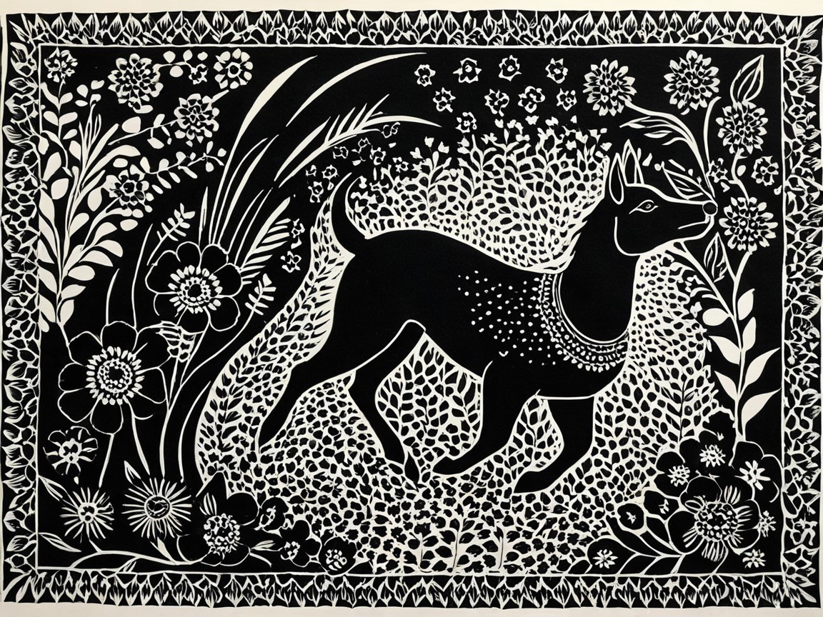 Detailed Papercut Design of a Dog in Floral Setting