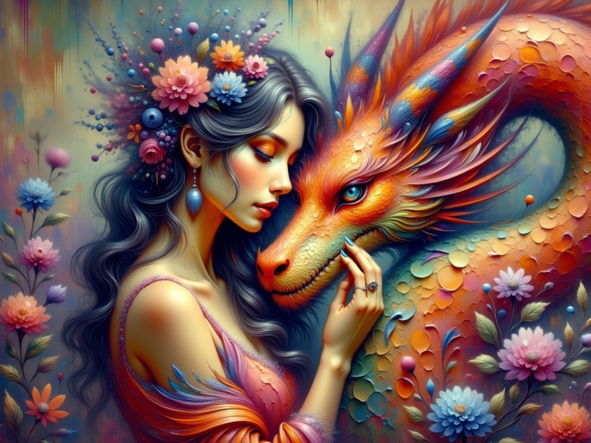 Vibrant Scene of Woman and Colorful Dragon Interaction