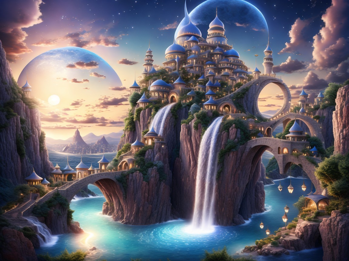 Majestic Fantasy City with Cliffs and Waterfalls