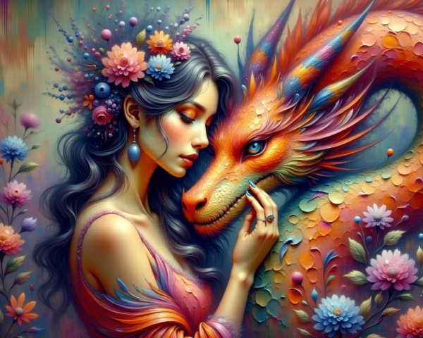 Vibrant Scene of Woman and Colorful Dragon Interaction