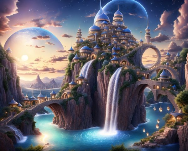 Majestic Fantasy City with Cliffs and Waterfalls