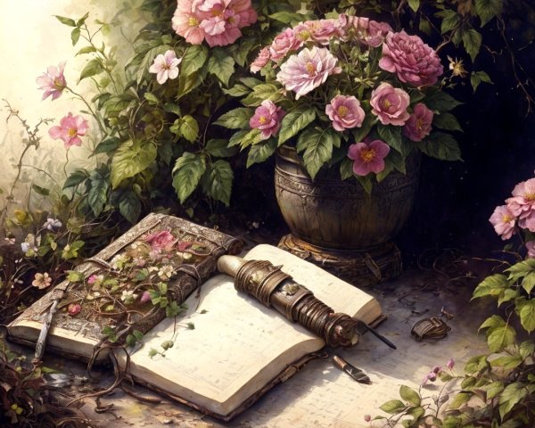 Weathered Book Surrounded by Pink Flowers and Vines