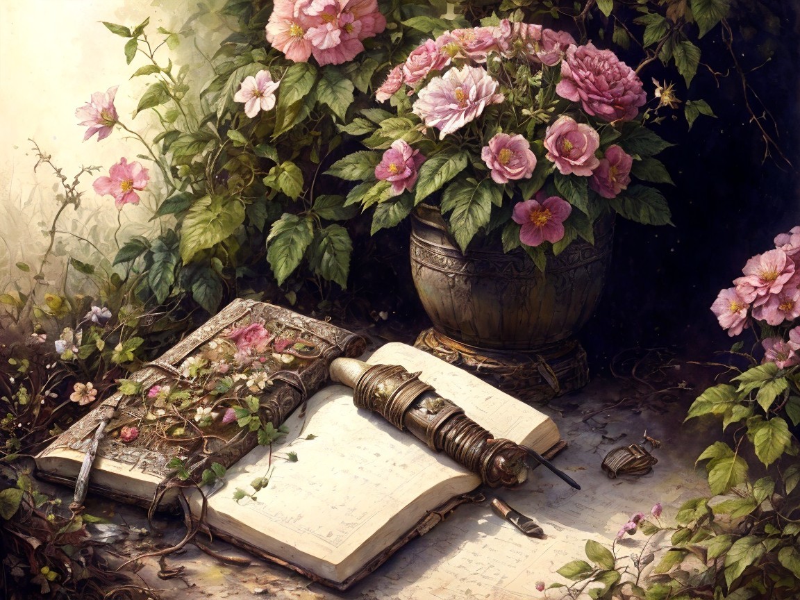 Weathered Book Surrounded by Pink Flowers and Vines