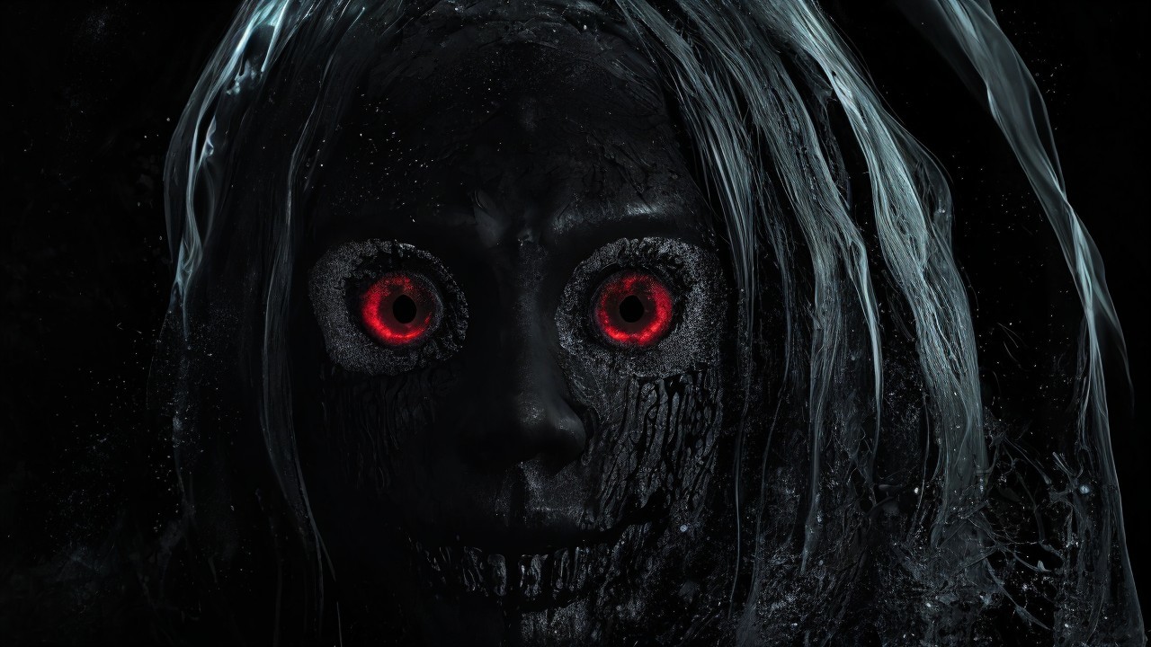 Chilling Figure with Pale Skin and Glowing Red Eyes