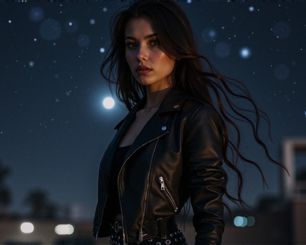 Young woman in leather jacket under starry night sky
