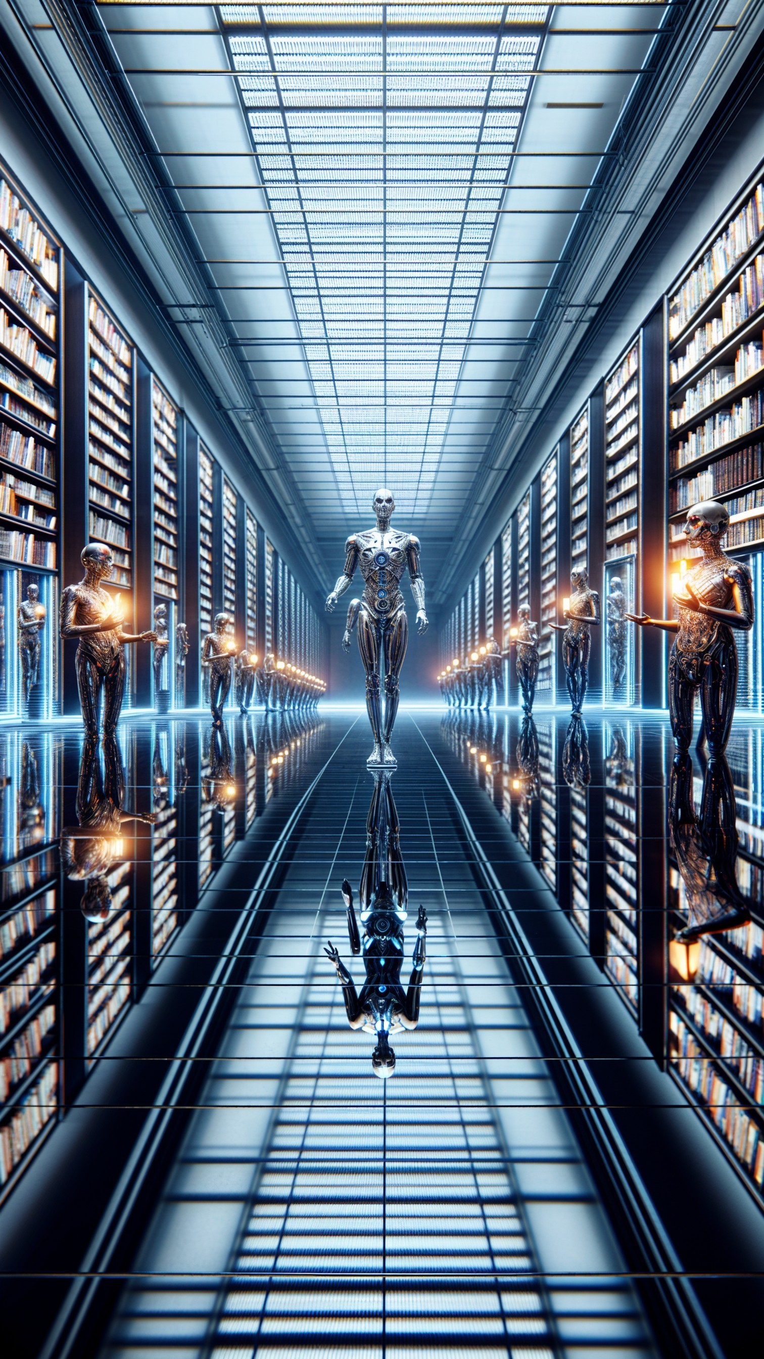 Futuristic library with robots and glowing orbs