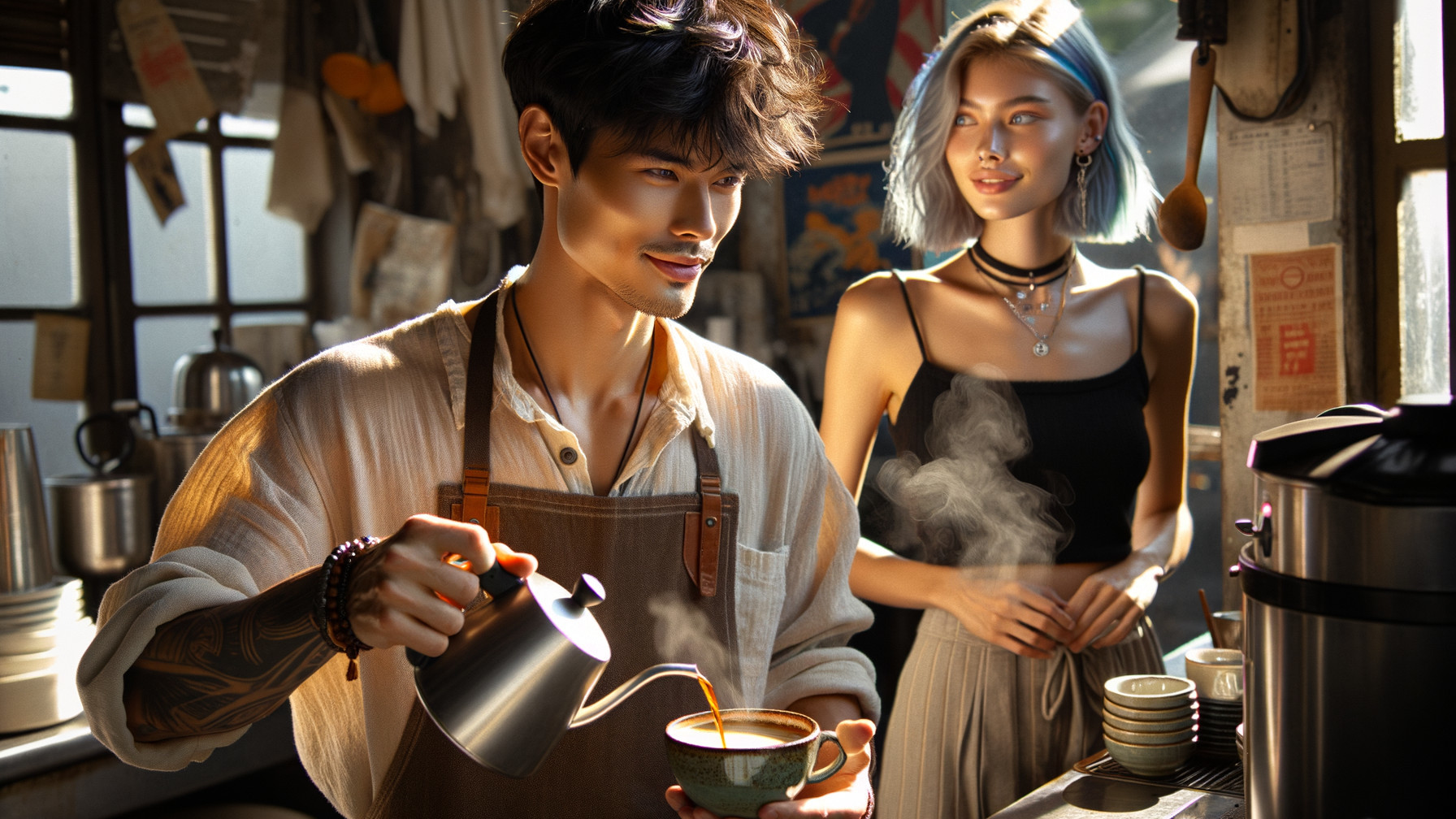 Cozy Coffee Shop Scene with Latte Art and Vintage Decor