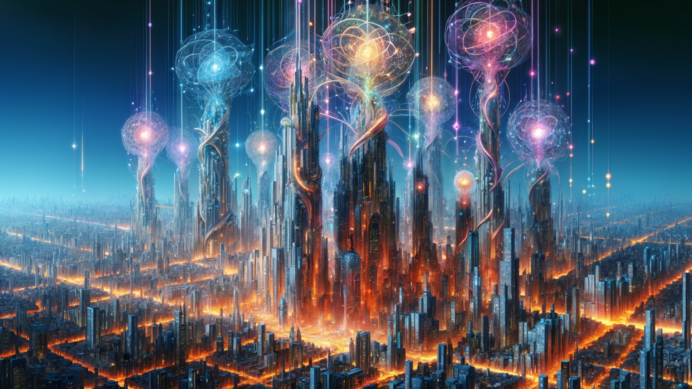 Futuristic cityscape with illuminated skyscrapers and orbs