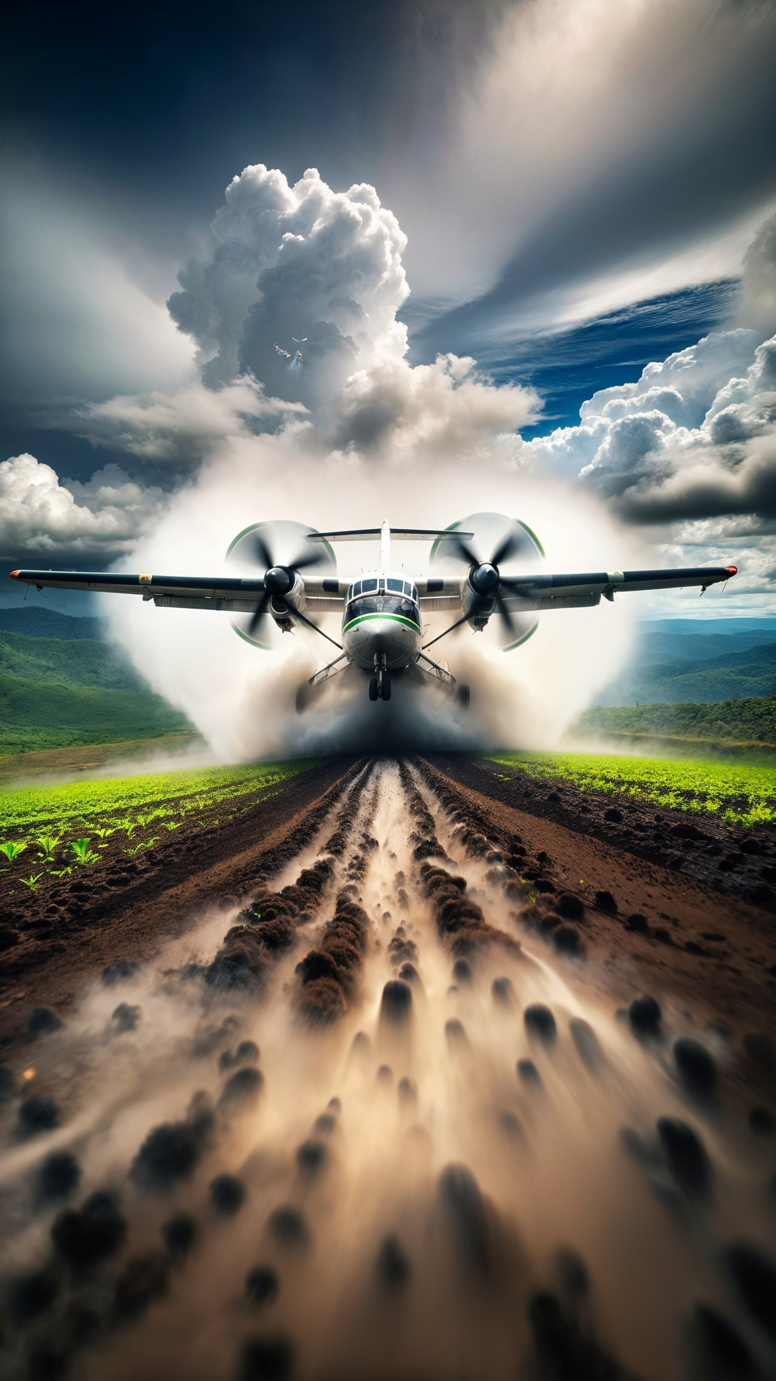 Low-Flying Plane Taking Off Over Green Field