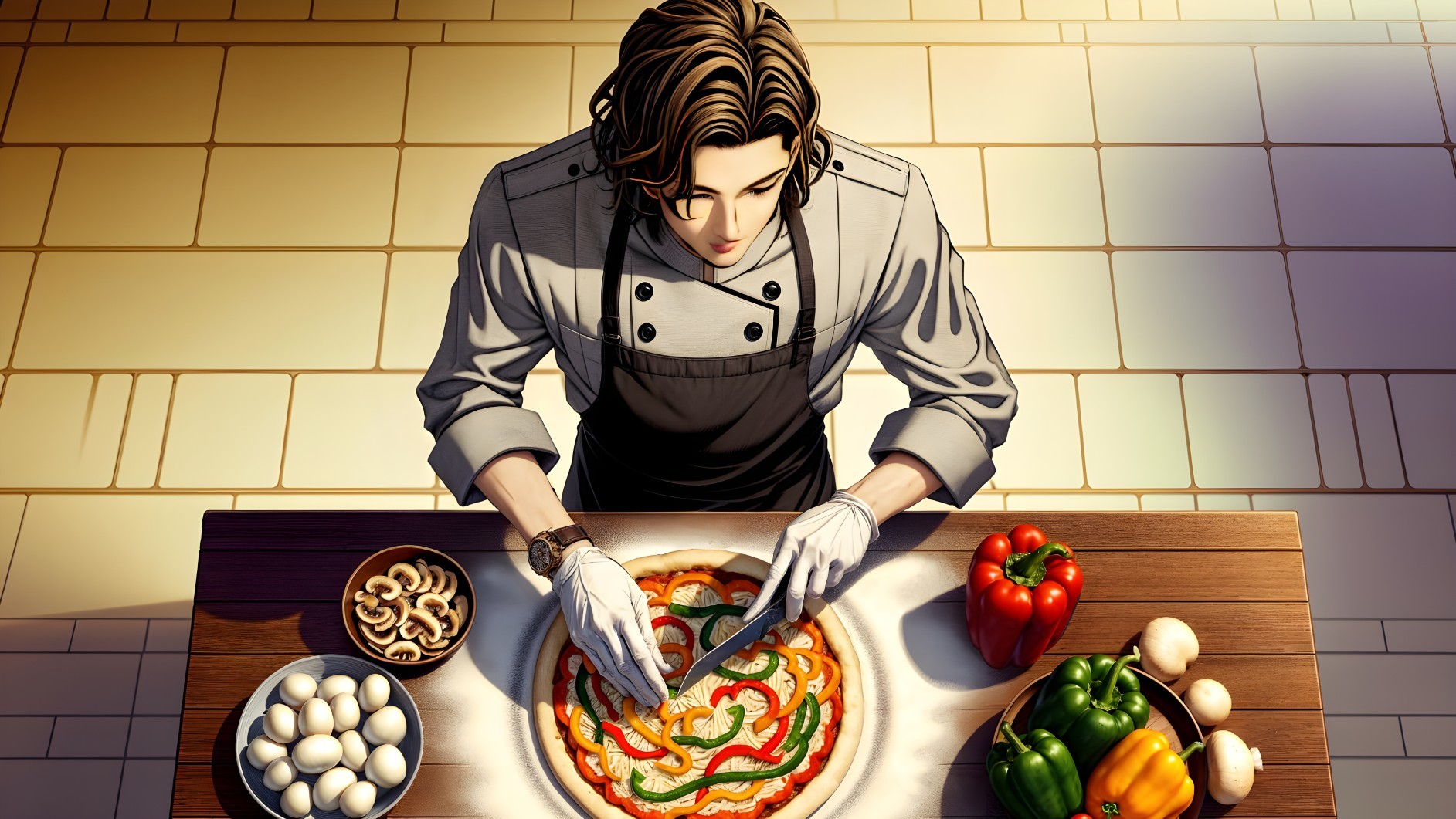 Chef Preparing Pizza with Fresh Vegetables and Ingredients
