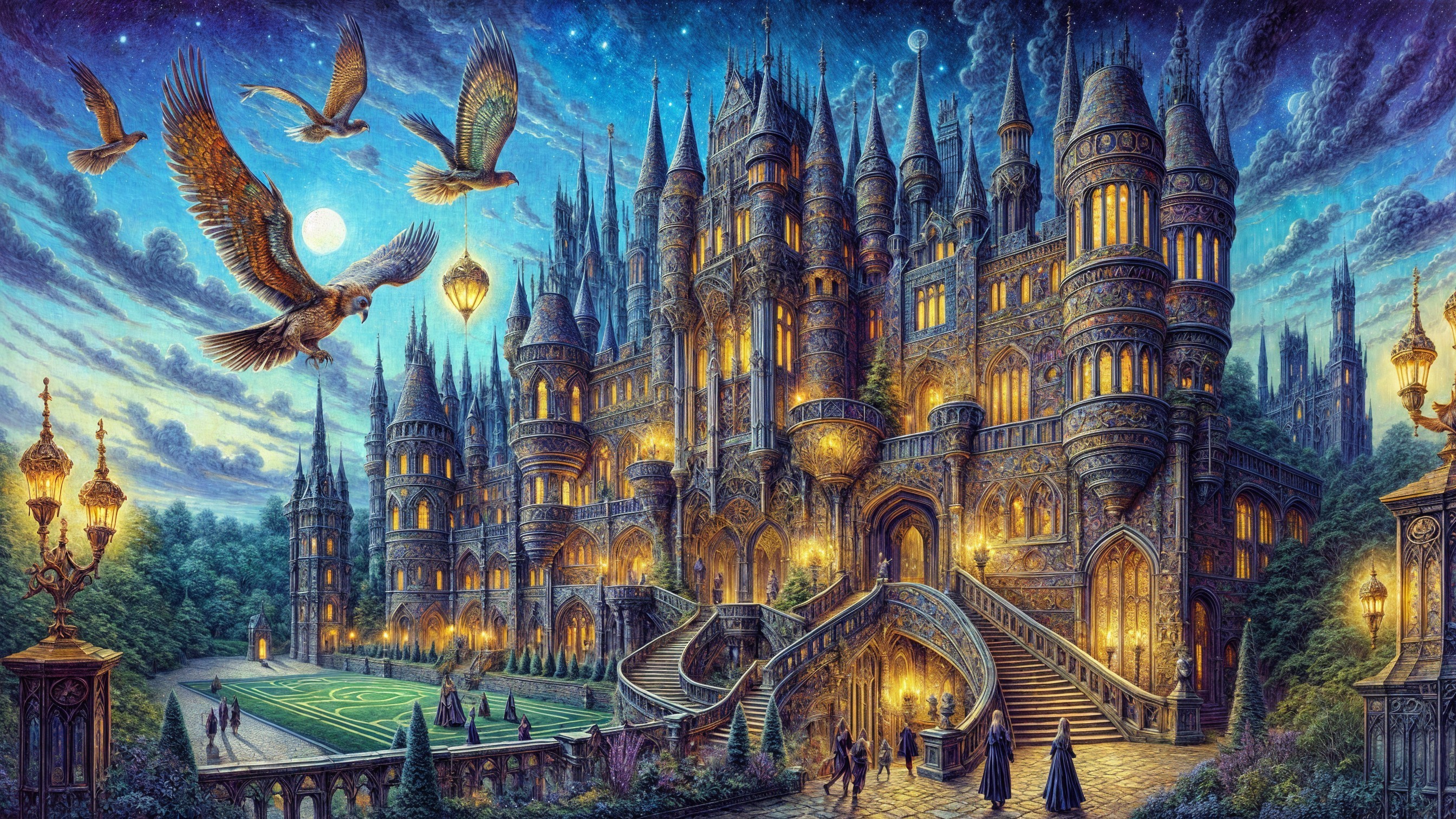 Majestic castle illuminated under a starlit sky