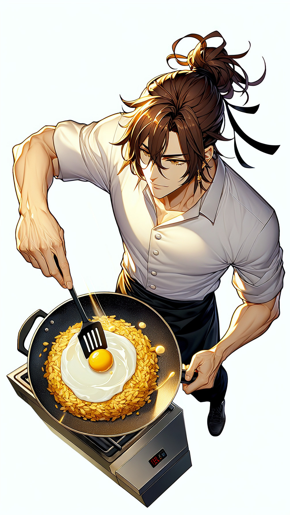 Young chef cooking fried rice with vibrant colors