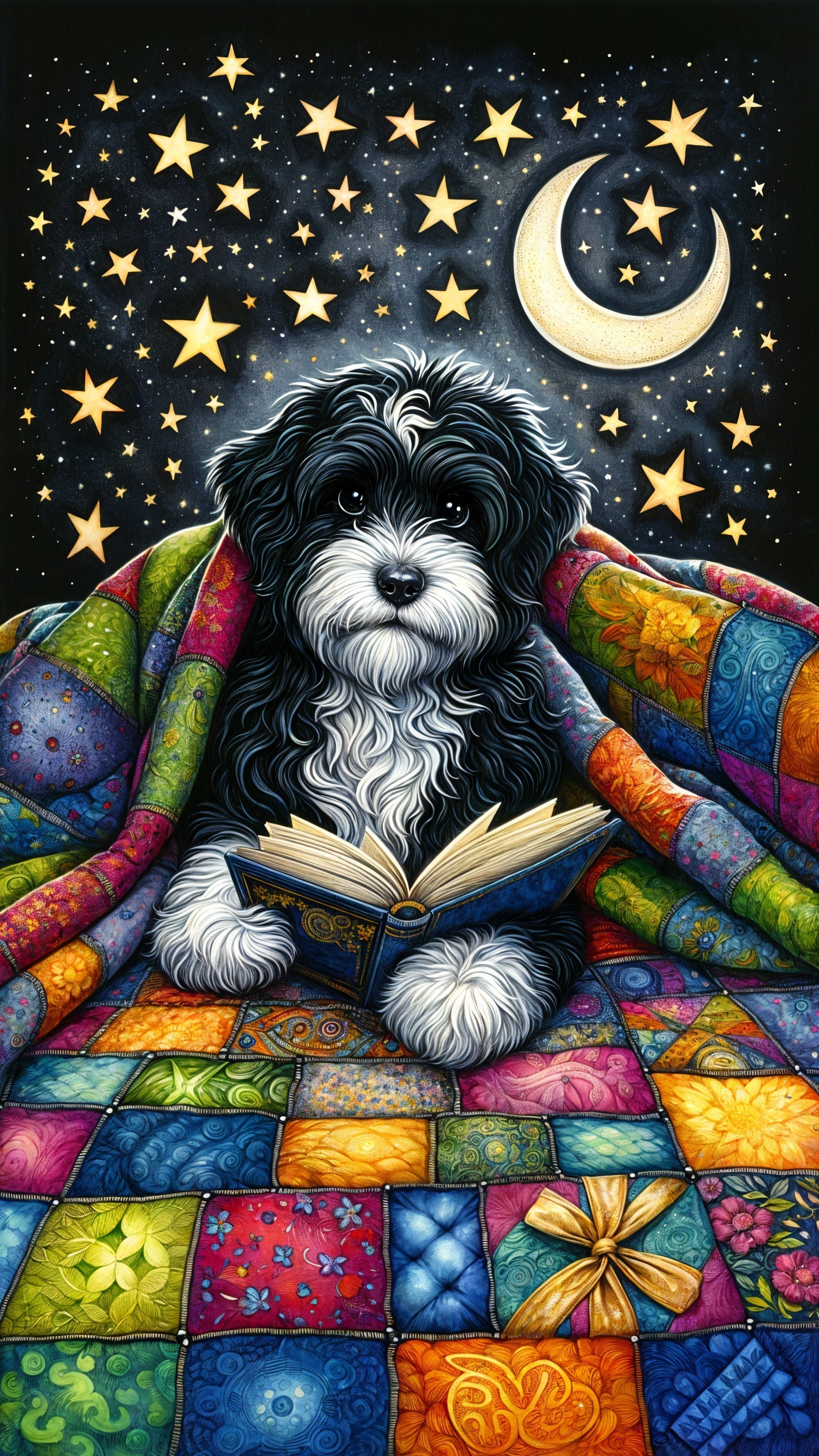 Whimsical Illustration of Dog Under Colorful Quilt