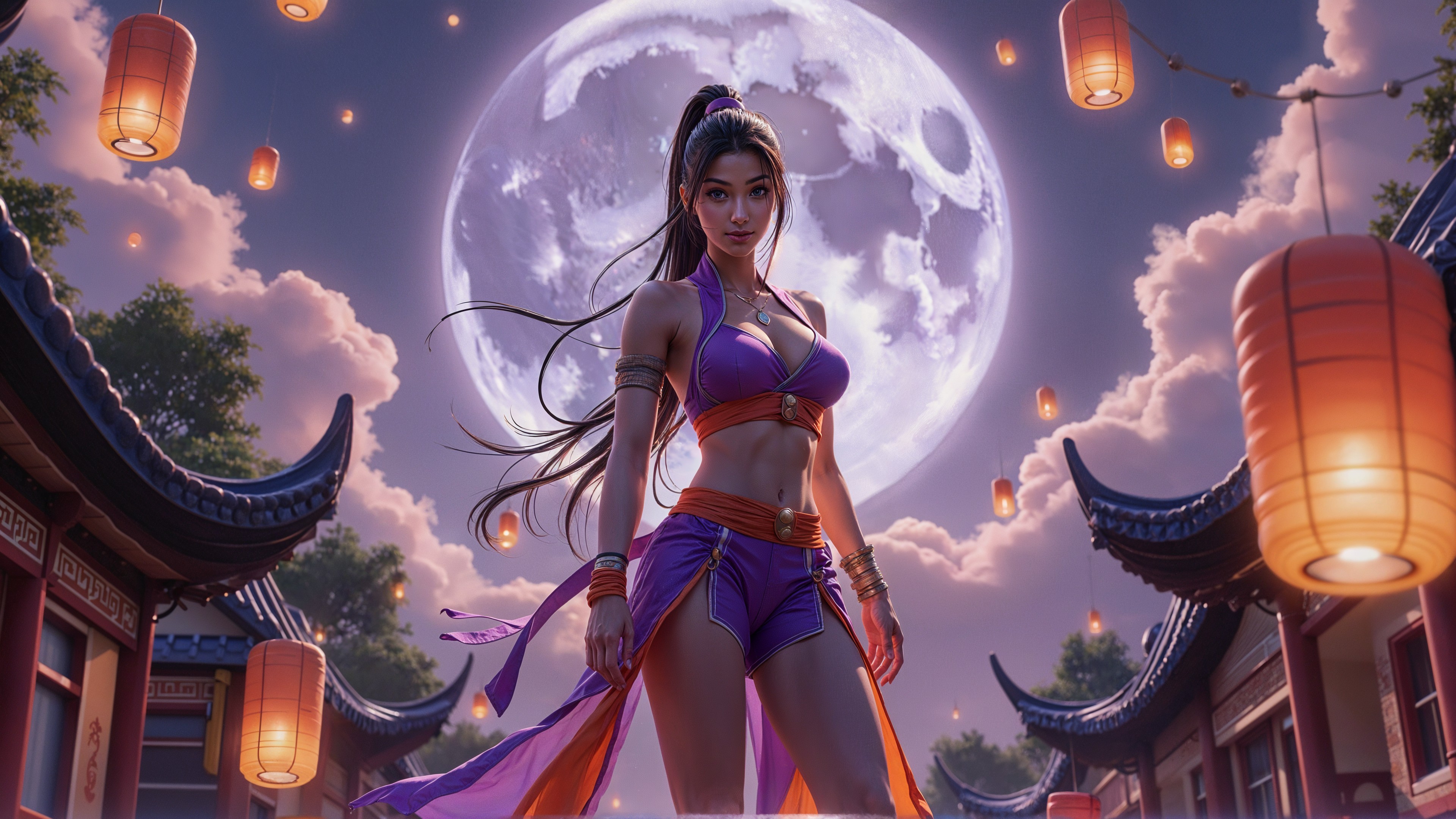 Confident Warrior Under Full Moon with Lanterns