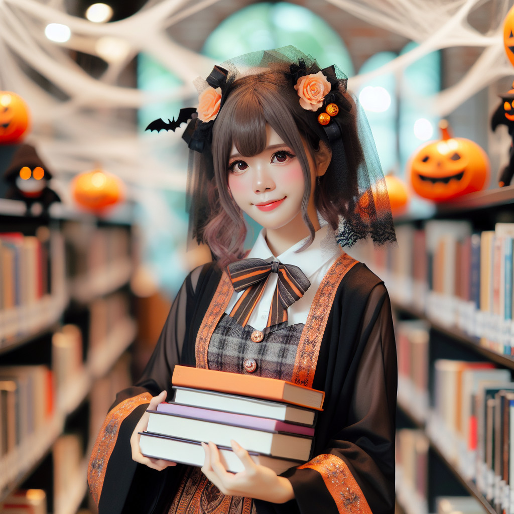 Young Woman in Halloween Library with Colorful Books