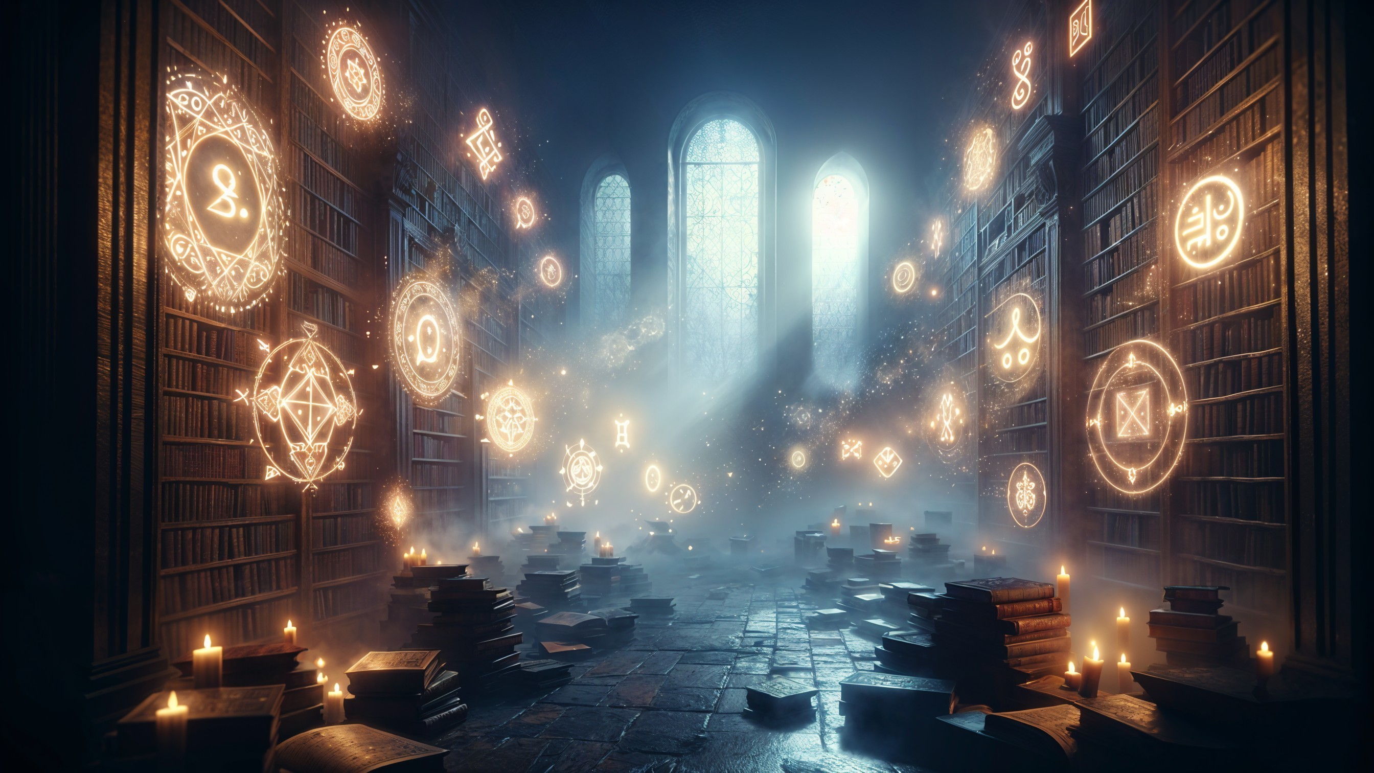 Magical library with floating runes and ethereal light