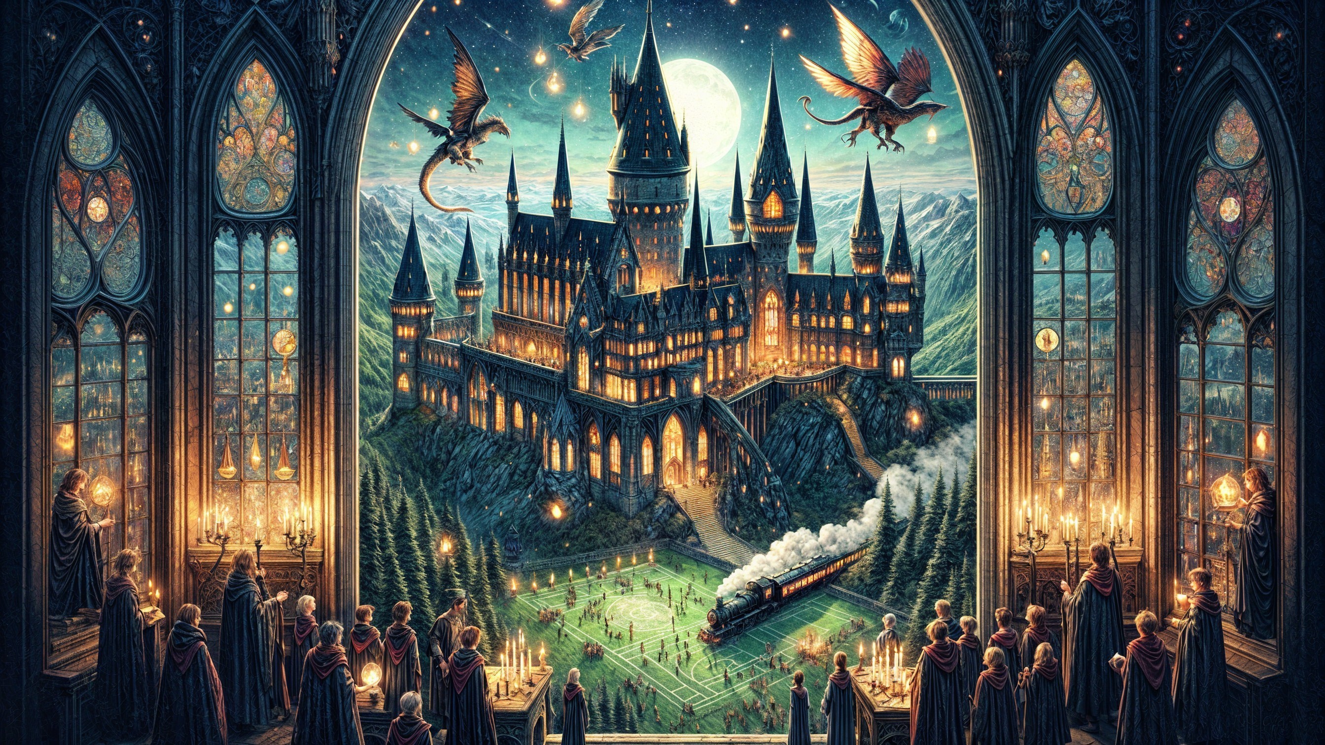 Majestic castle on a mountain with stained glass windows