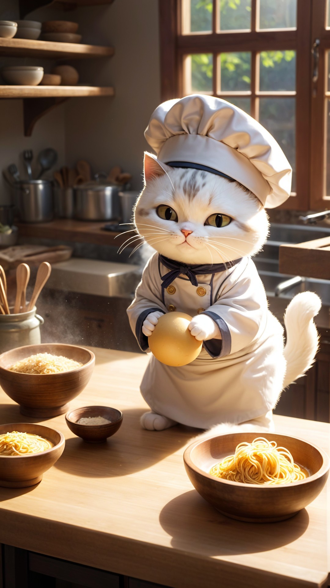 Fluffy Cat Chef in Sunlit Cozy Kitchen Setting
