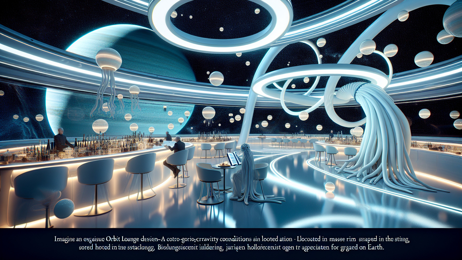 Futuristic lounge with organic designs and cosmic elements