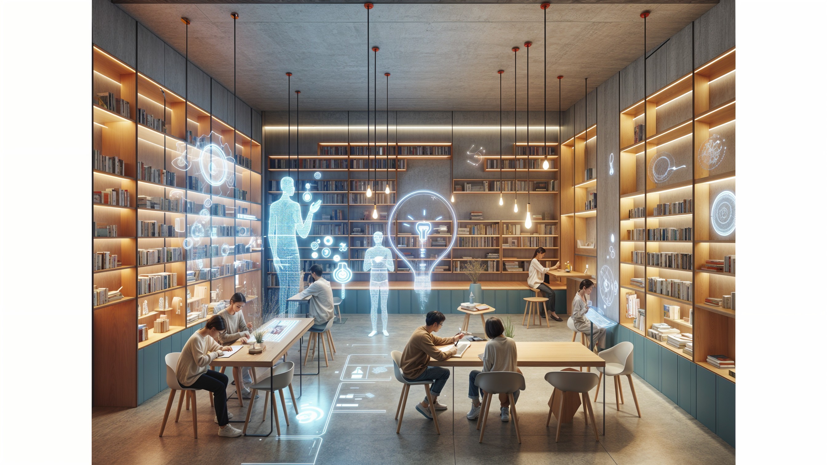 Modern library with wooden shelves and interactive elements