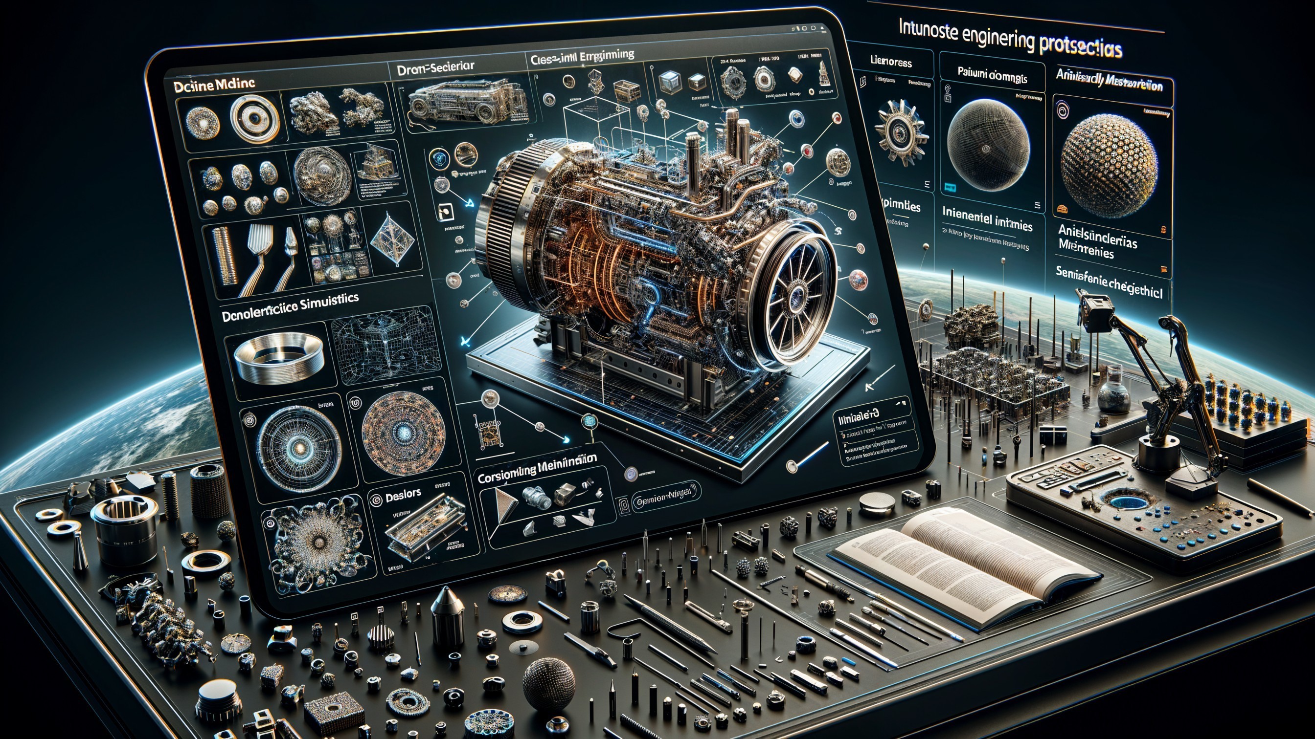 Futuristic Engineering Workspace with 3D Engine Model