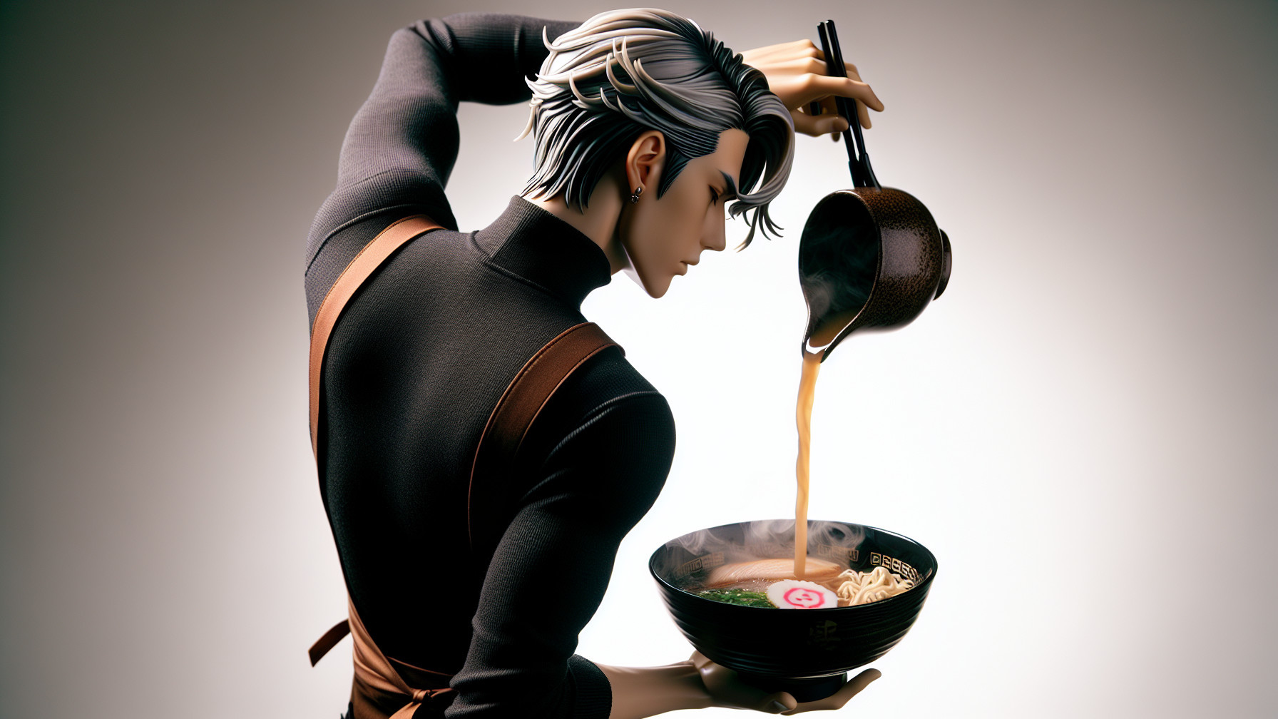 Stylized Figure Pouring Broth into Colorful Ramen Bowl