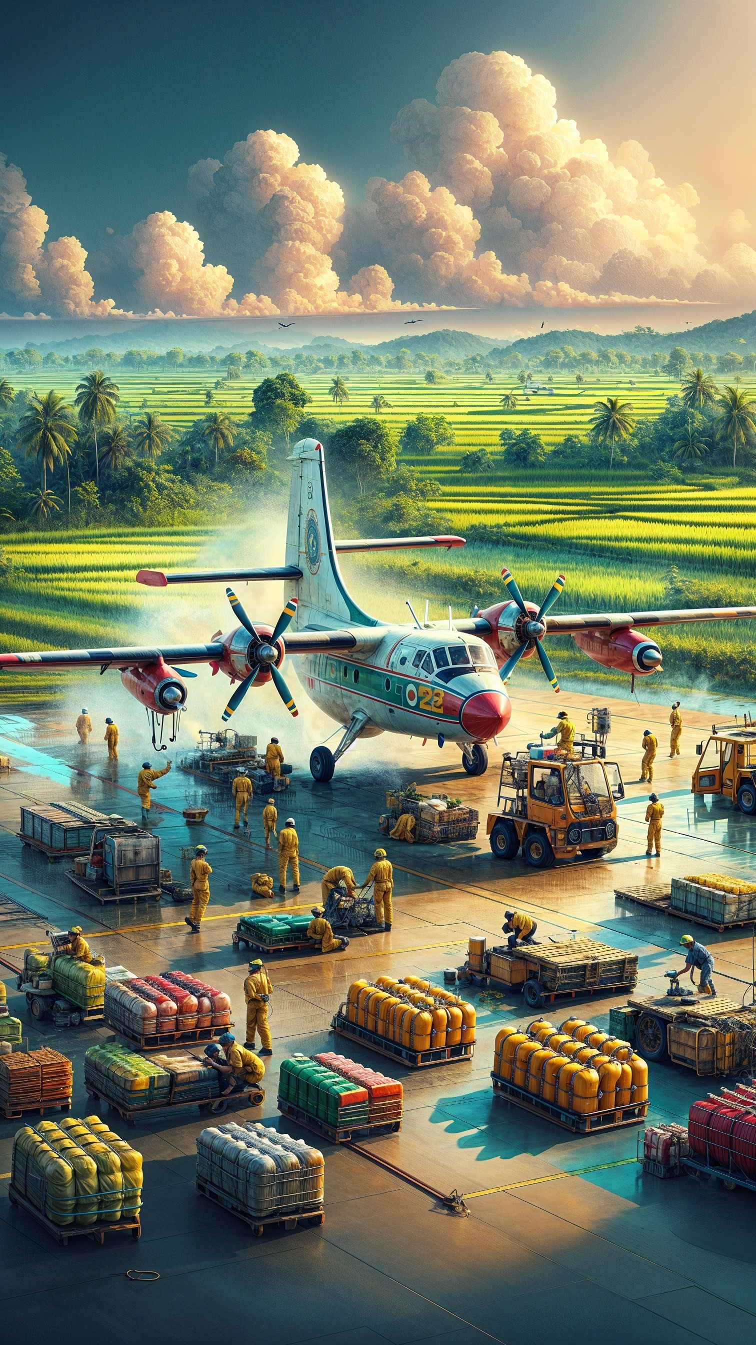 Vintage Airplane at Airfield with Lush Rice Paddies