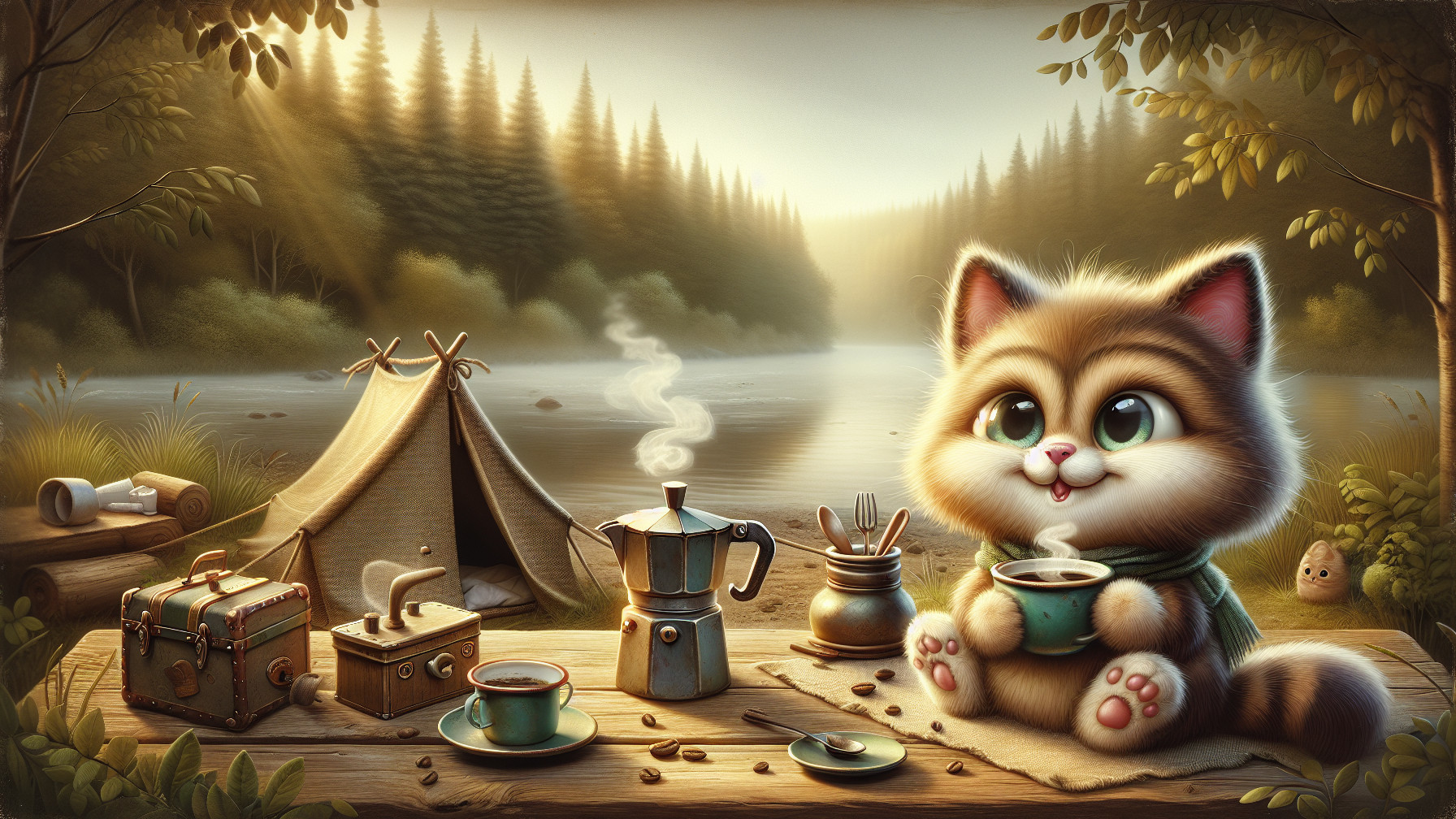 Fluffy Kitten by River with Coffee and Camping Setup