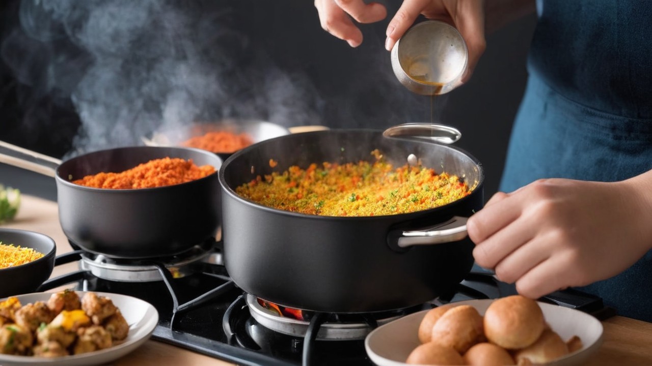 Seasoning Colorful Cooked Rice on a Gas Stove