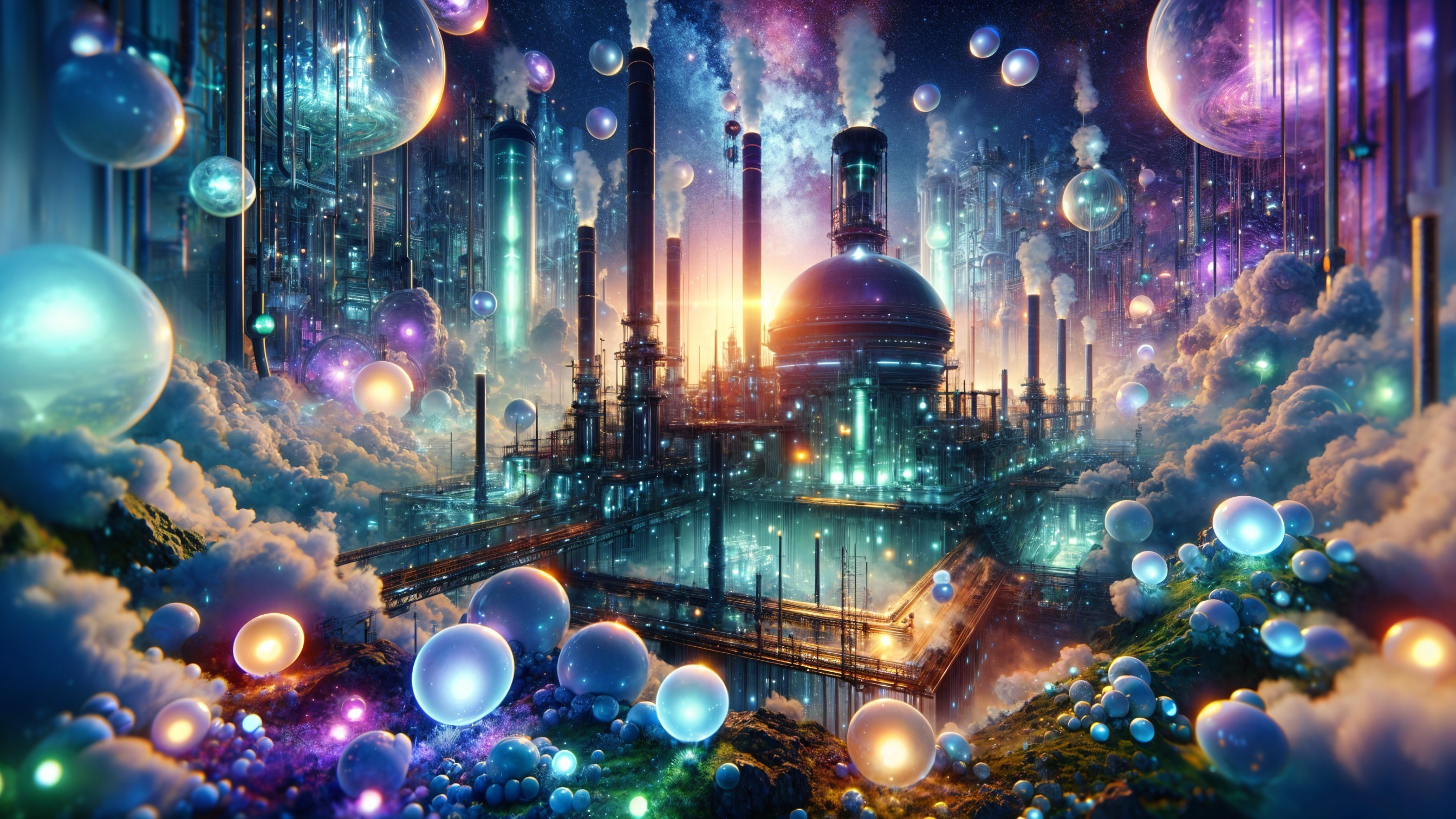 Futuristic industrial landscape with colorful clouds and orbs