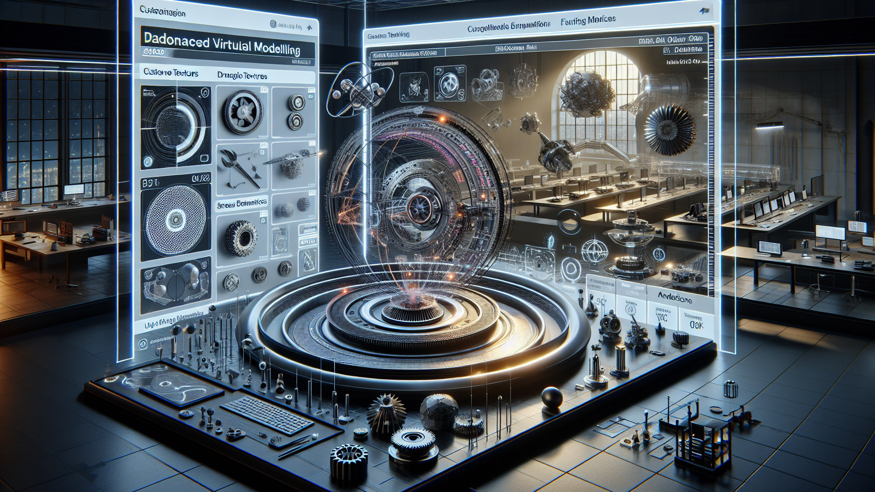 Futuristic Workspace with Holographic Interface and 3D Model