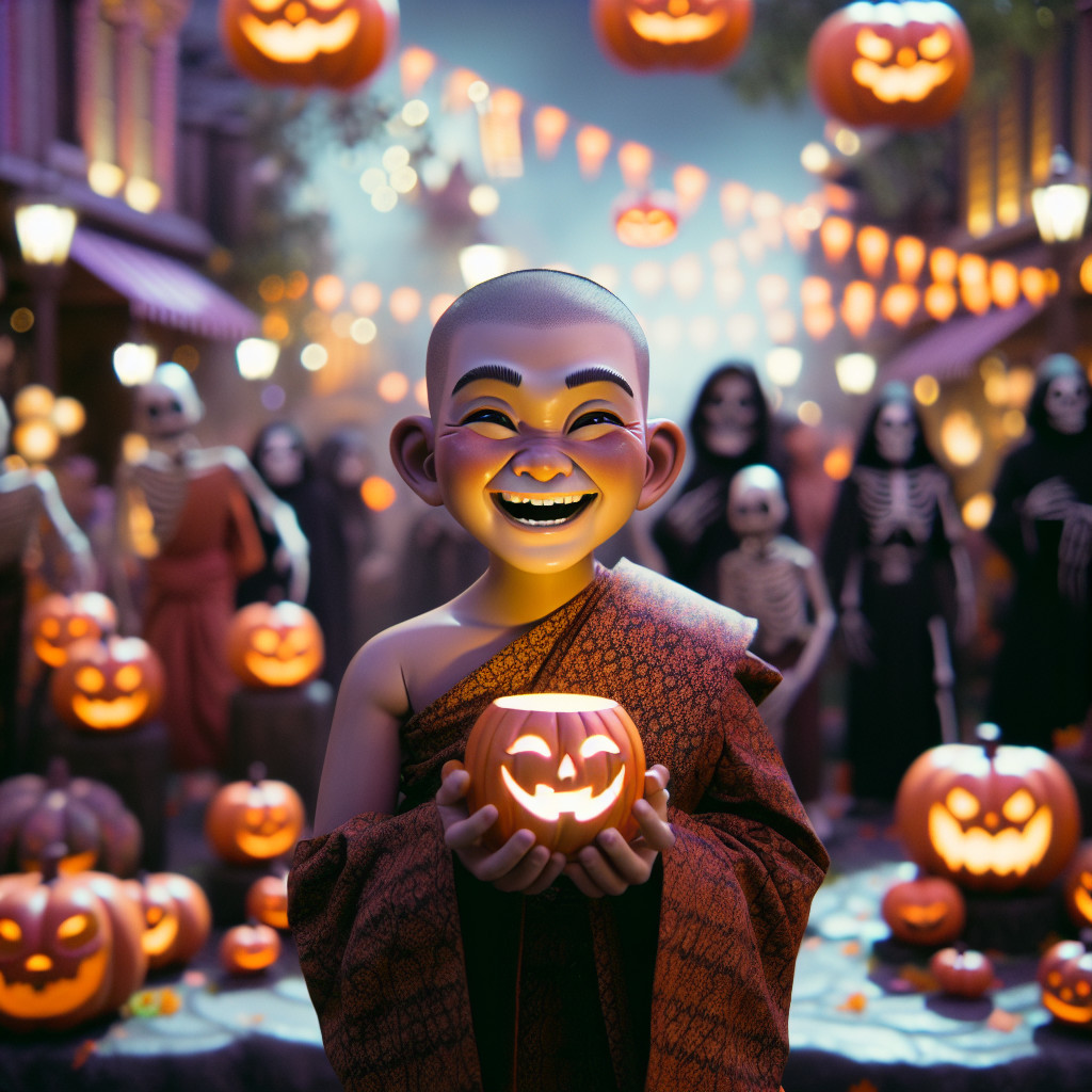 Vibrant Halloween Scene with Monk and Jack-o'-Lanterns