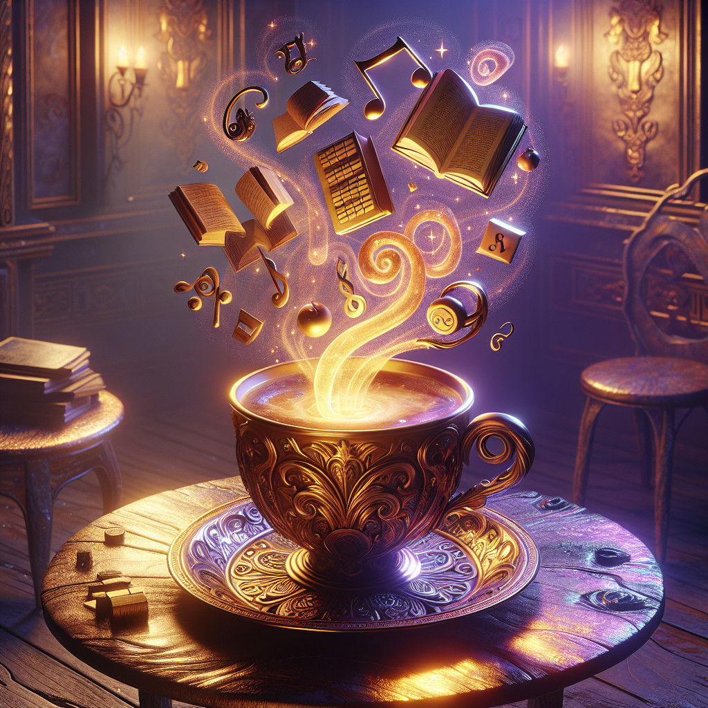 Ornate teacup with colorful steam and floating books