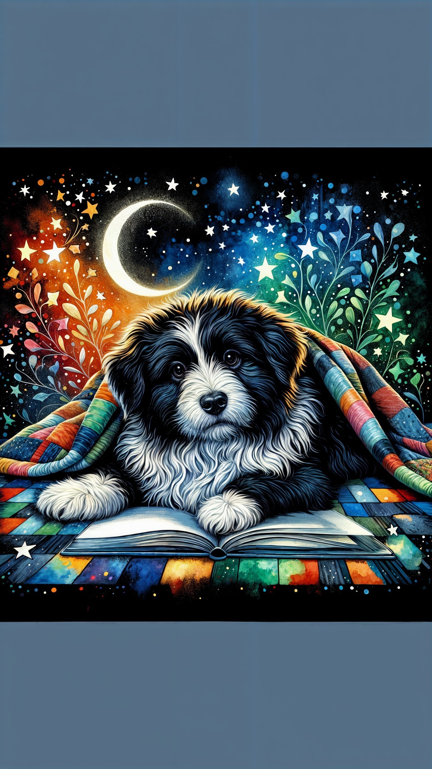 Cozy Puppy on Book Under Moonlit Night Sky