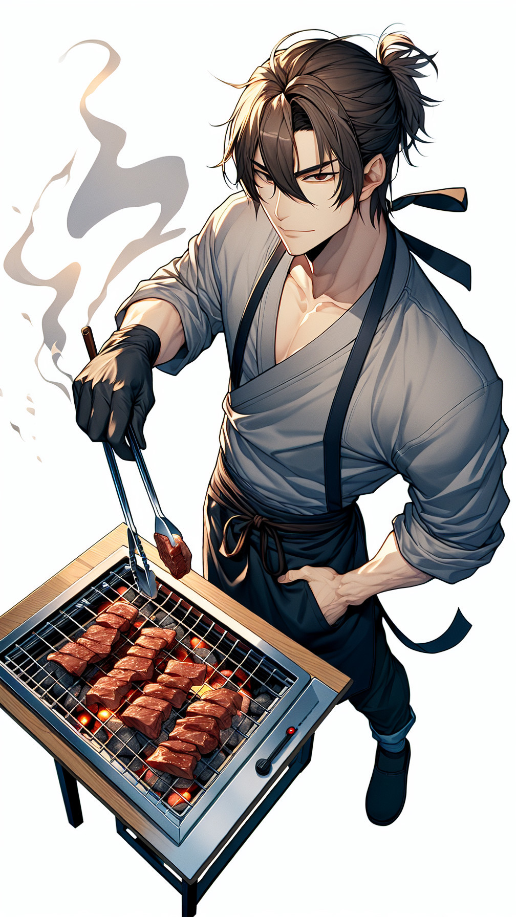 Young chef grilling marinated meat in traditional attire