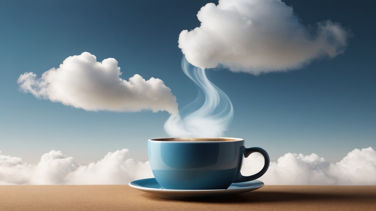 Blue Coffee Cup with Steam Transforming into Clouds