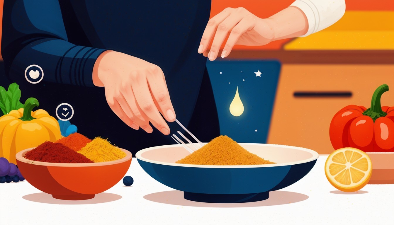 Hands Sprinkling Spices in a Colorful Kitchen Scene