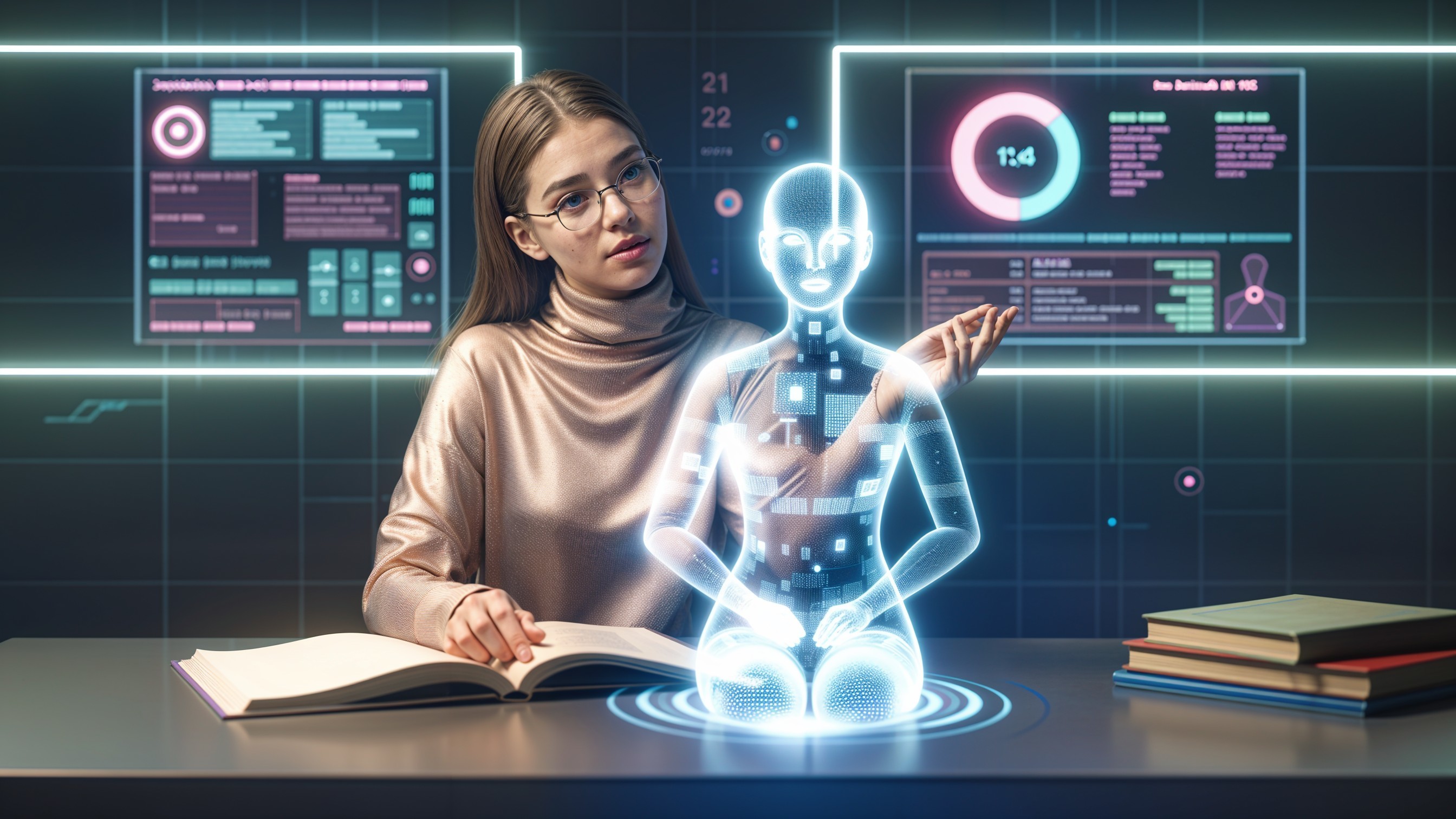 Young Woman Engaged with Holographic AI in Modern Office