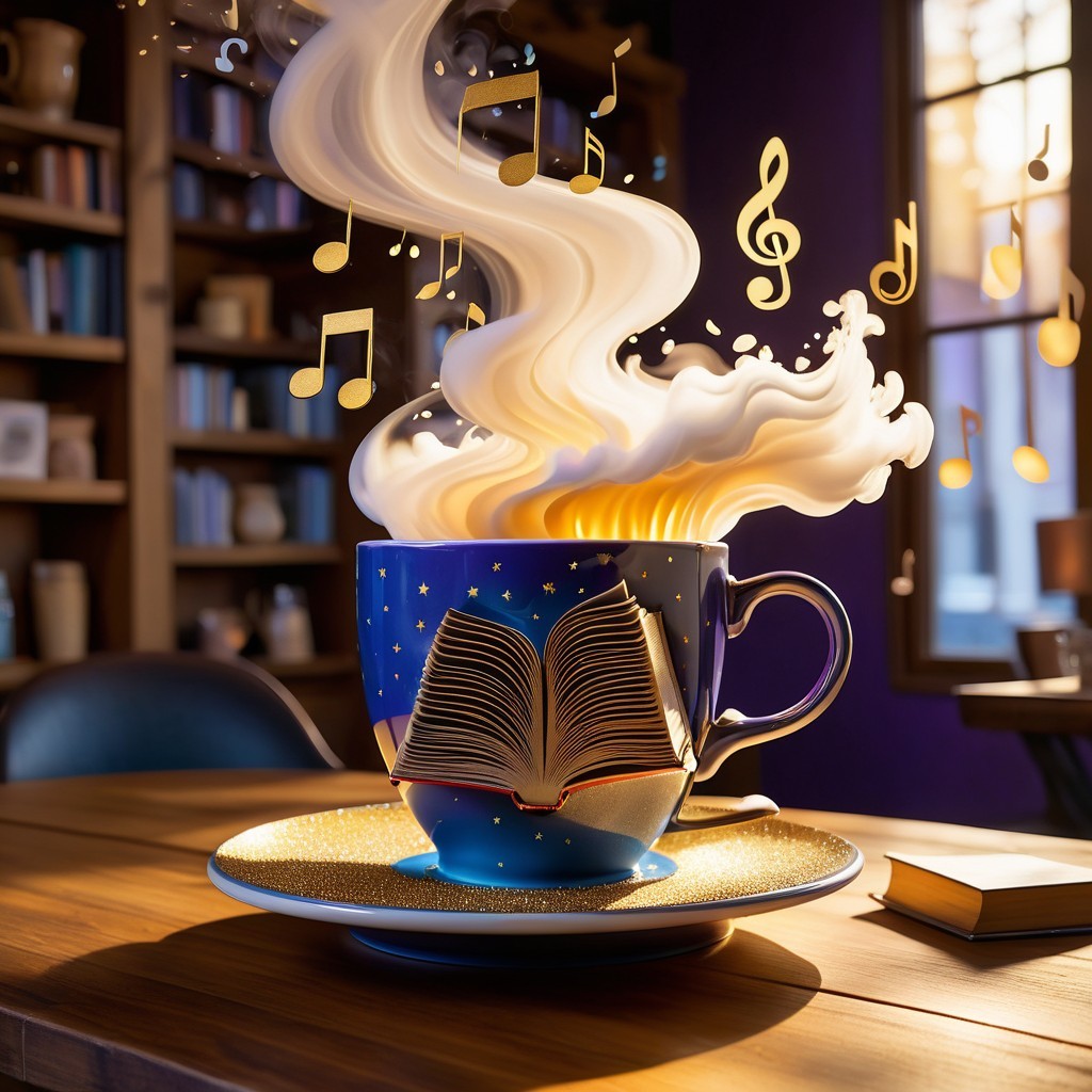 Whimsical Coffee Cup with Starry Pattern and Books