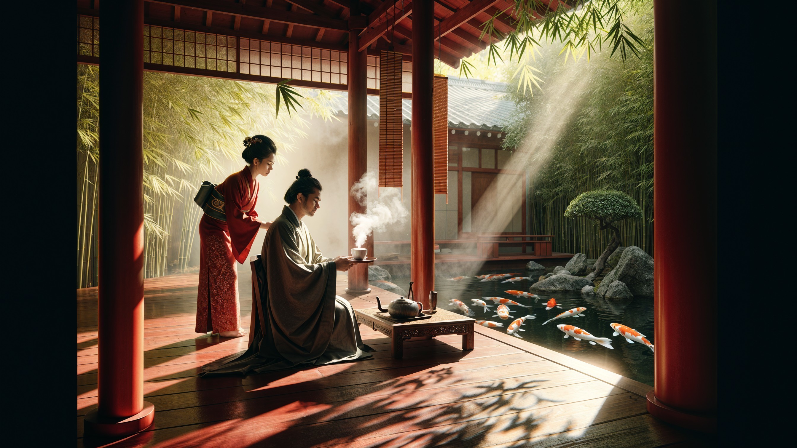 Traditional Tea Preparation in a Serene Garden Setting