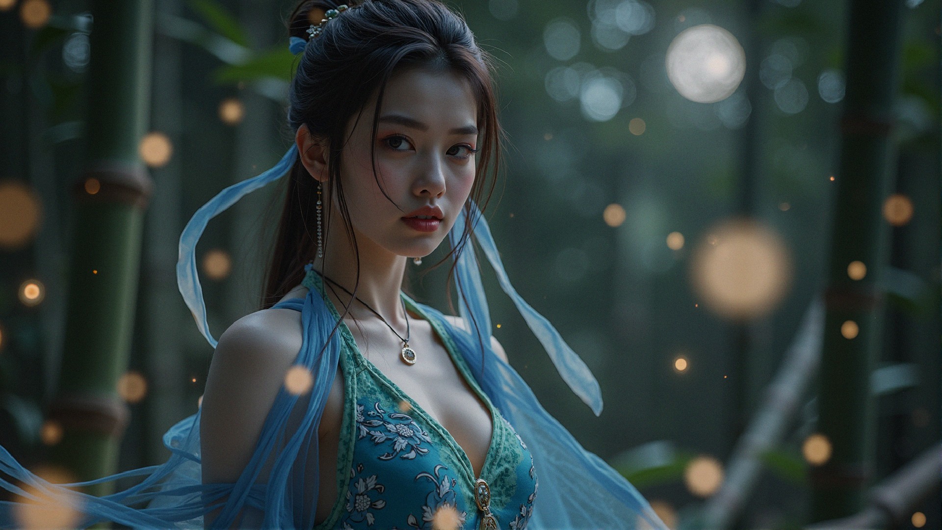 Young Woman in Delicate Outfit Among Bamboo Forest