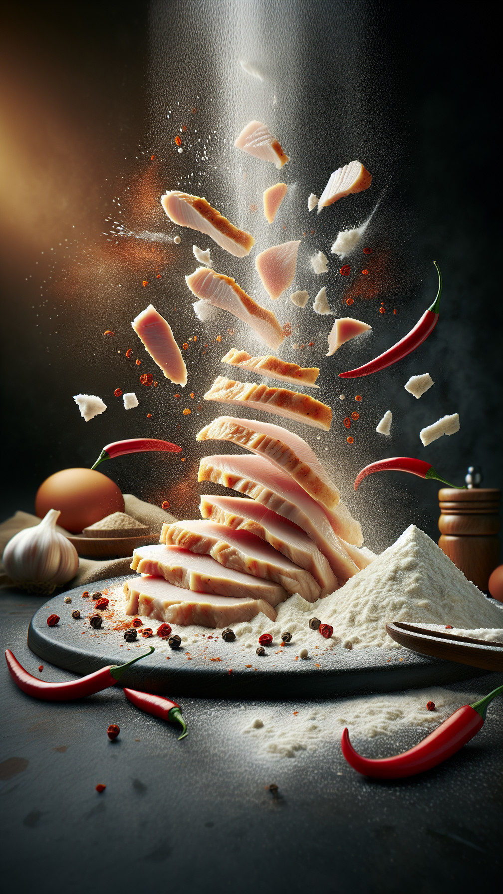Suspended Chicken Breast Surrounded by Flour and Spices