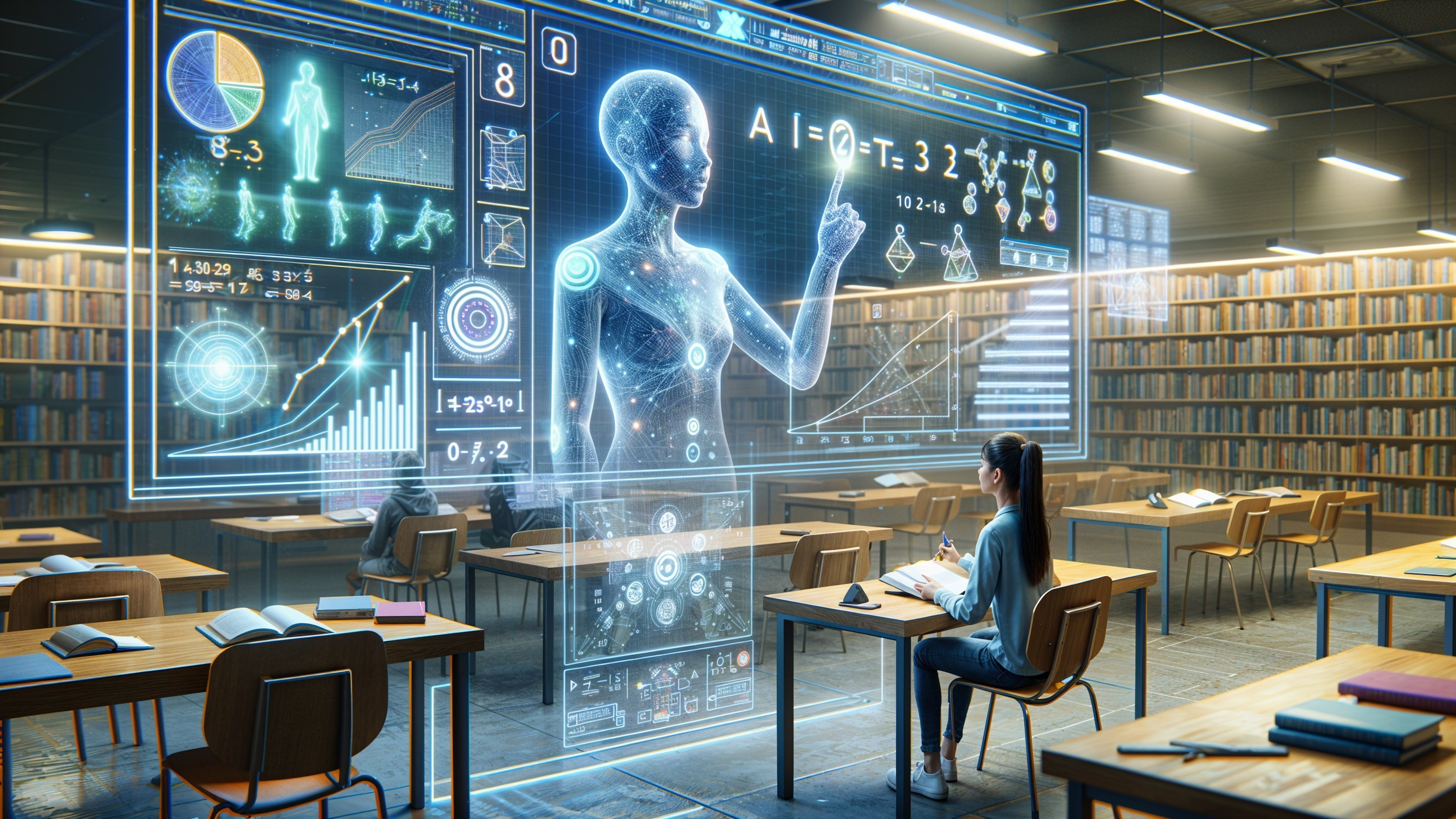 Futuristic Library with Holographic Displays and Books
