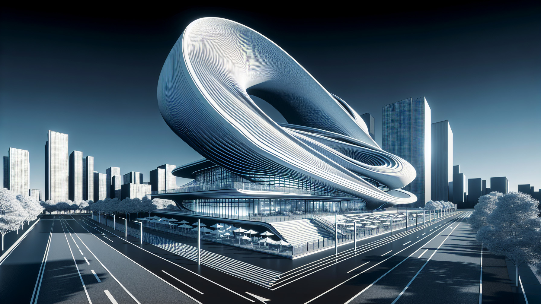 Futuristic Building with Swirling Design and Greenery